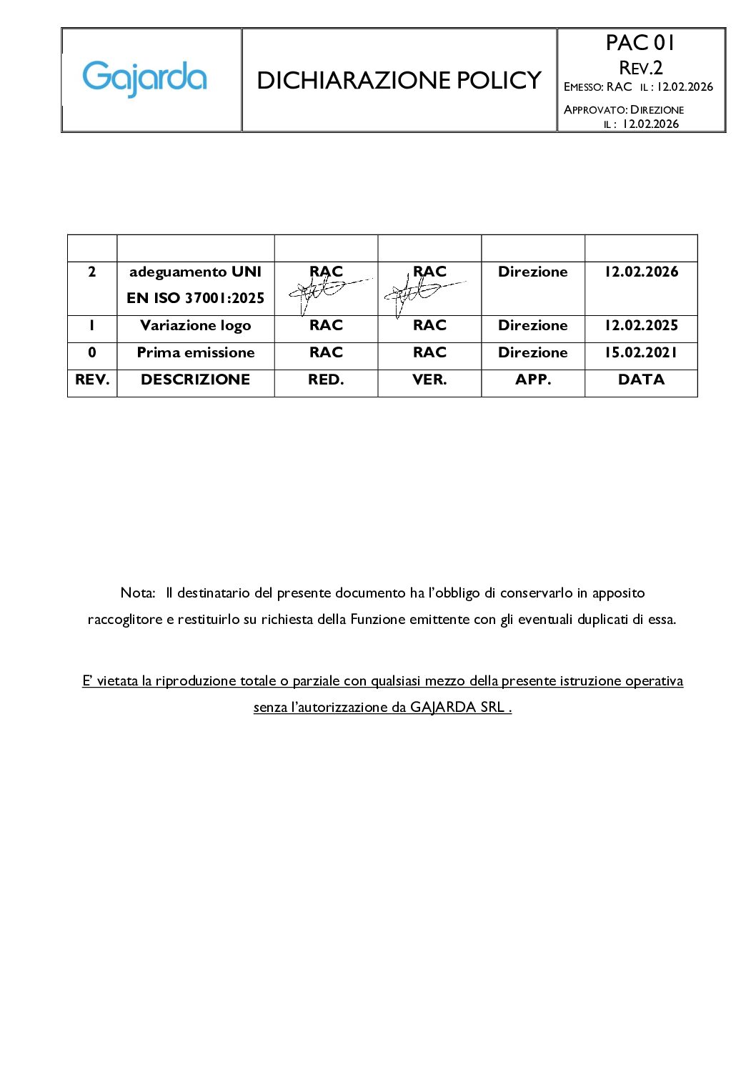 PAC 01 Dichiarazione Policy REV 2