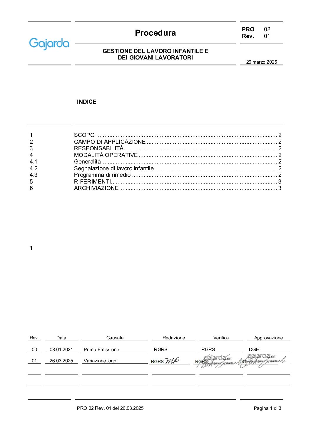 Procedura per la gestione del lavoro infantile e dei giovani lavoratori